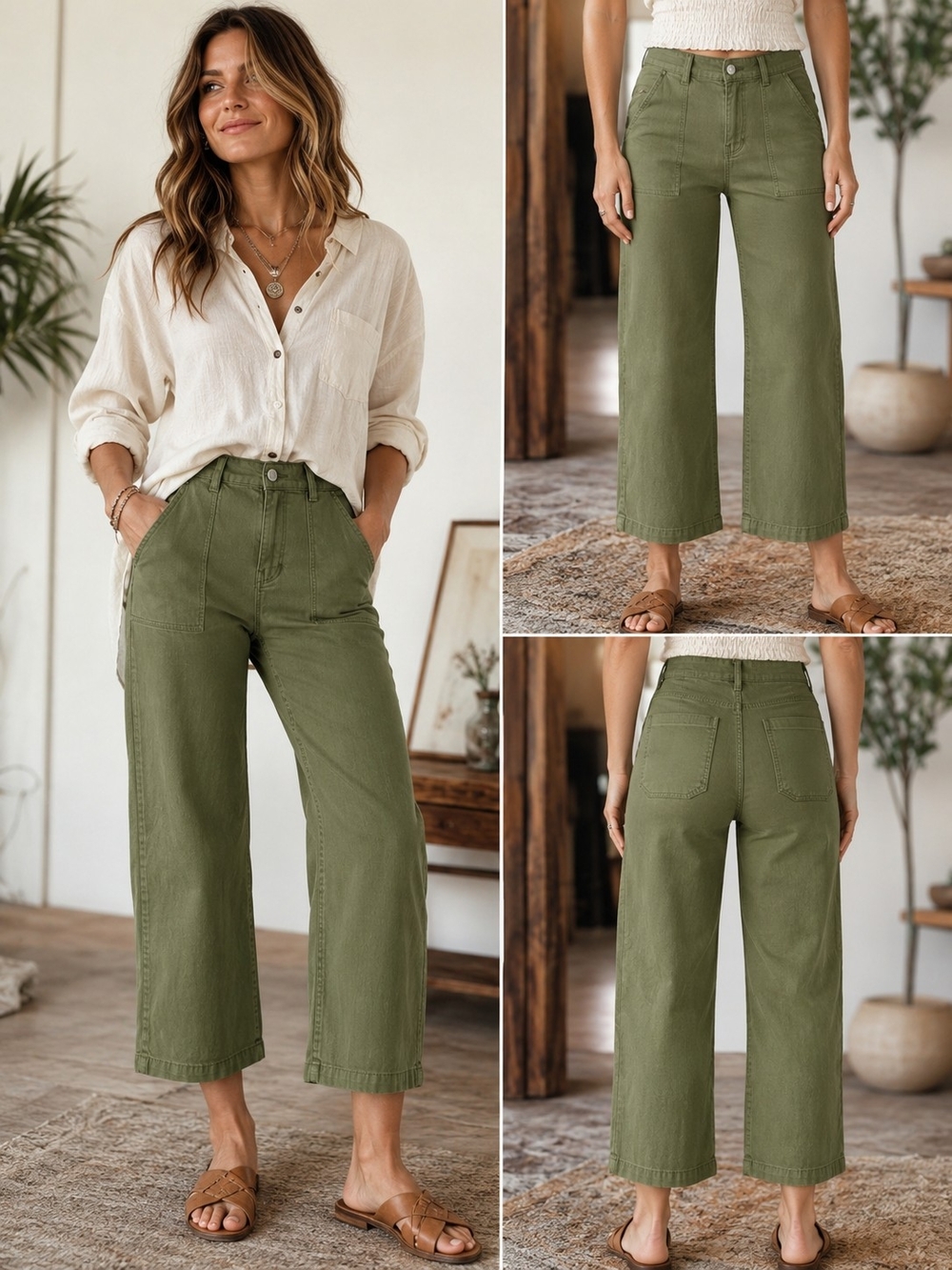 High-Rise Wide-Leg Utility Pants - Olive Green